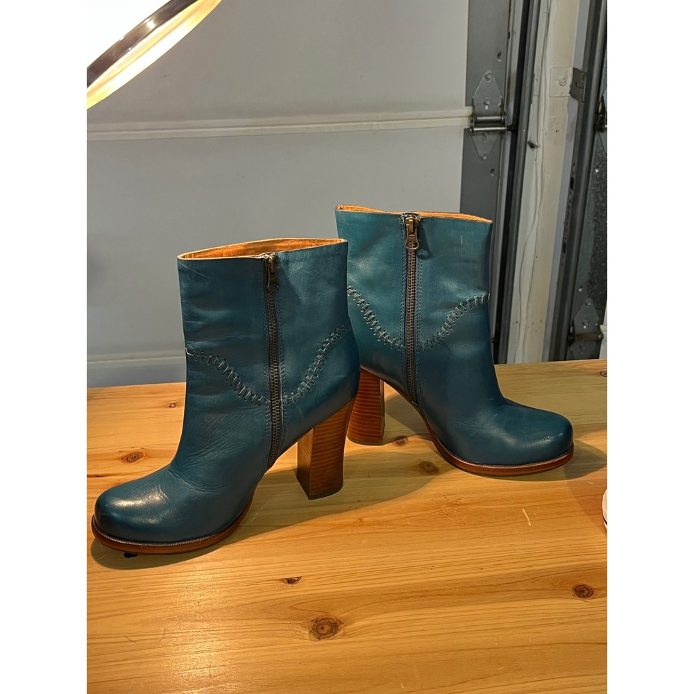 Kork-Ease Teal Blue Leather Whipstitch Block Heel Ankle Boots K03204 Size 7/38